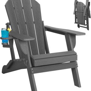 Folding Adirondack Patio Chair with Cup Holder, Weather-Resistant HDPE, Grey