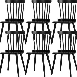 Set of 6 Windsor Farmhouse Wood Spindle Back Dining Chairs, Black