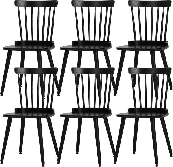 Set of 6 Windsor Farmhouse Wood Spindle Back Dining Chairs, Black