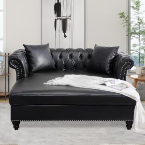 63" Chesterfield Faux Leather Double Chaise Lounge Sofa with Pillows, Black