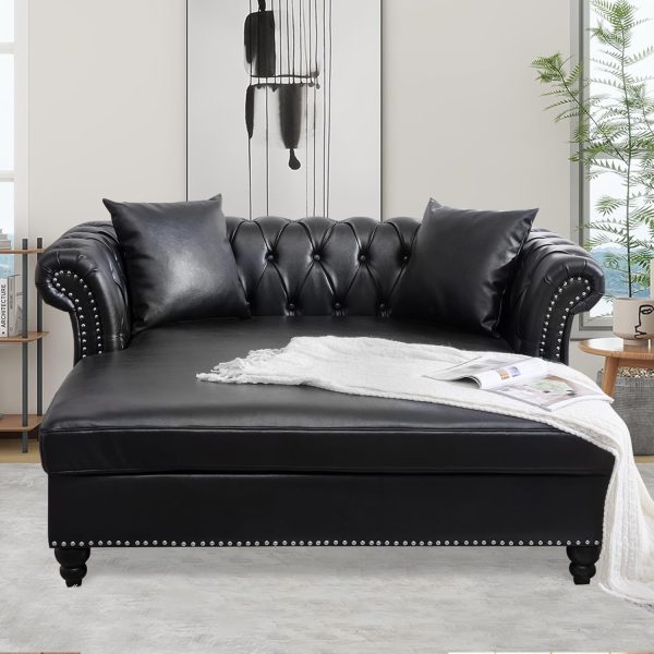 63" Chesterfield Faux Leather Double Chaise Lounge Sofa with Pillows, Black