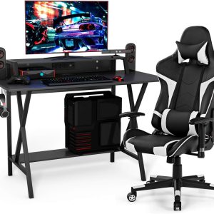 Tangkula Gaming Desk and Chair Set, Ergonomic E-Sport Desk & Racing Chair with Cup Holder, Monitor Stand, Earphone Hook, Massage, and Headrest (White)