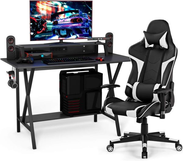 Tangkula Gaming Desk and Chair Set, Ergonomic E-Sport Desk & Racing Chair with Cup Holder, Monitor Stand, Earphone Hook, Massage, and Headrest (White)