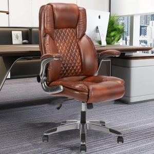 Brown Leather High-Back Ergonomic Office Chair with Flip-Up Arms, Lumbar Support, and Swivel Wheels
