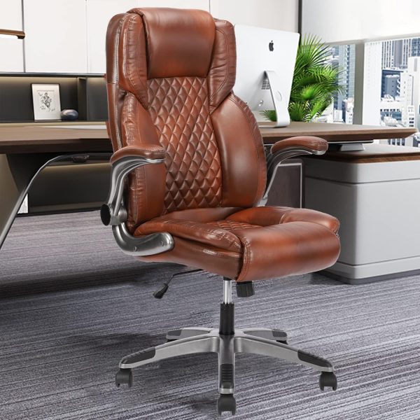 Brown Leather High-Back Ergonomic Office Chair with Flip-Up Arms, Lumbar Support, and Swivel Wheels