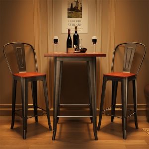 3-Piece Bar Table and Chairs Set for 2 with Footrest and Foot Pads for Kitchen, Restaurant, or Pub