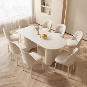 9-Piece Modern Dining Table Set with 8 Chairs, White, 70.86" L