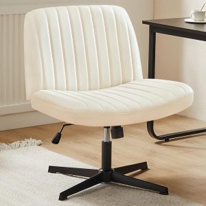 Sweetcrispy Armless Criss Cross Leg Desk Chair, Swivel, Height Adjustable, Wide Seat, Cream Fabric