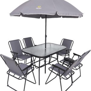 Nice C 8-Piece Outdoor Dining Set with Umbrella, Glass Table, and 6 Folding Chairs (Grey)