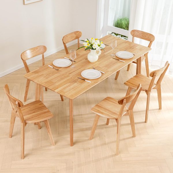 DELAVIN 7-Piece Mid Century Modern Wood Dining Set with 62.9" Table and 6 Oak Chairs, Cherry