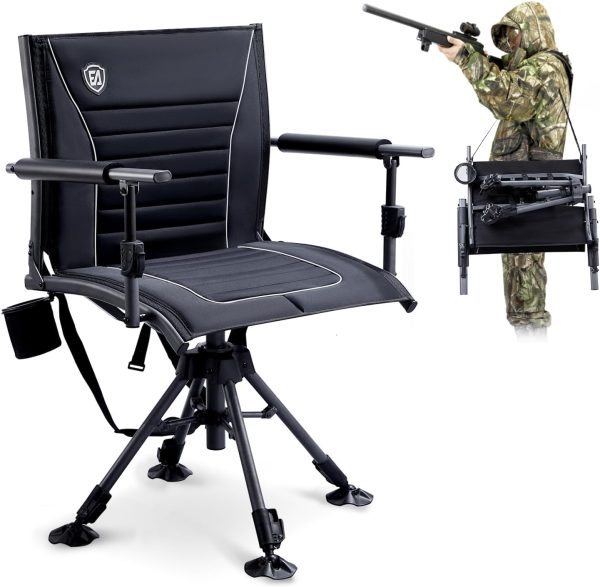 EVER ADVANCED 360° Silent Swivel Hunting Chair, Adjustable, Folding, 300lbs Capacity, Black