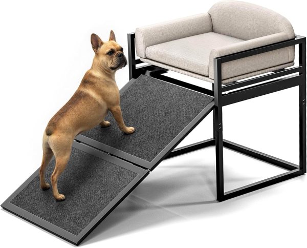 Pet Stairs and Ramp with Seat for Small Dogs and Cats, Non-Slip, Khaki (Supports up to 100 lbs)