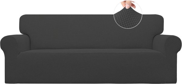 Stretch Sofa Slipcover, 1-Piece, Dark Gray, Polyester Spandex, Small Checks