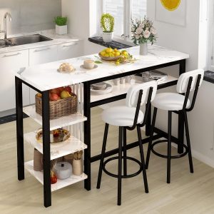 3-Piece Bar Table Set with White Faux Marble Table, 2 PU Cushion Stools, and 3-Tier Storage, Black Frame