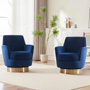 Set of 2 Modern Velvet Swivel Barrel Chairs, Navy Blue