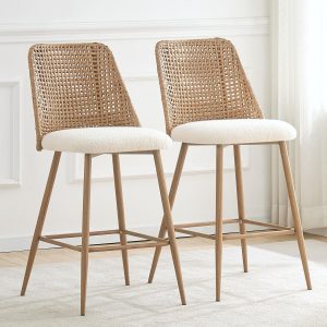 Set of 2 Rattan Bar Stools, 26" Wicker with Metal Legs
