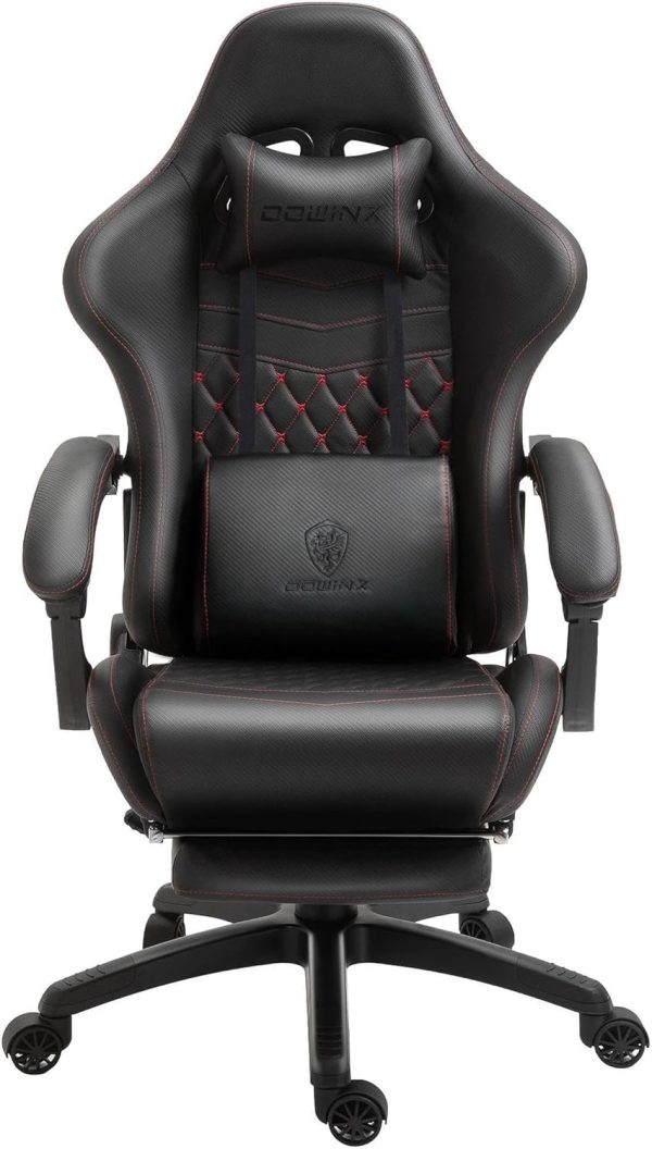 Dowinx Vintage PU Leather Gaming/Office Chair with Massage Lumbar Support, Adjustable Swivel, and Footrest (Black/Red)