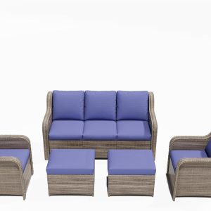 Ainfox 5-Piece Patio Rattan Sofa Set with 3-Seater, Chair, and Ottoman (Blue)