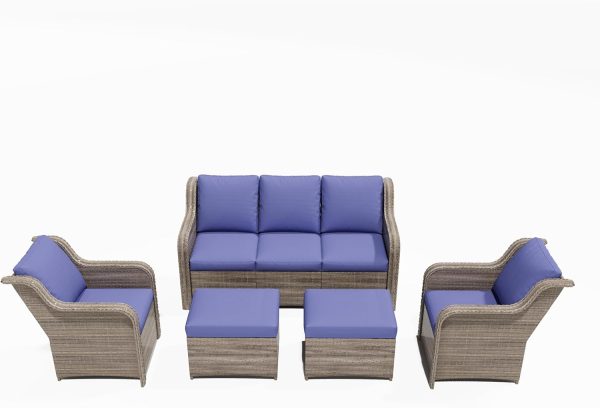 Ainfox 5-Piece Patio Rattan Sofa Set with 3-Seater, Chair, and Ottoman (Blue)