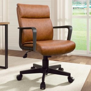 Brown Leather Mid-Back Office Chair with Wheels
