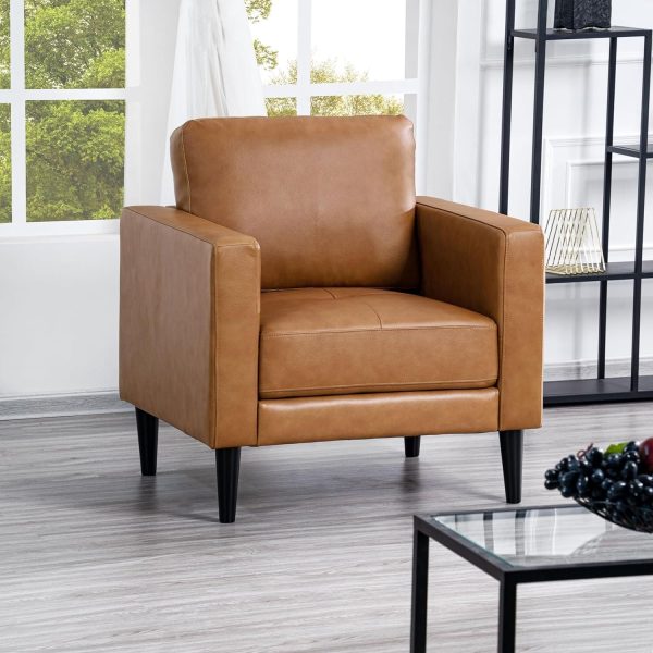 Naomi Home Genuine Leather Mid-Century Modern Single Sofa Chair, Tan