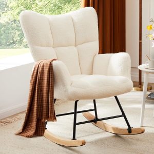 Teddy Upholstered Rocking Glider Chair with High Backrest for Nursery, Living Room, Bedroom
