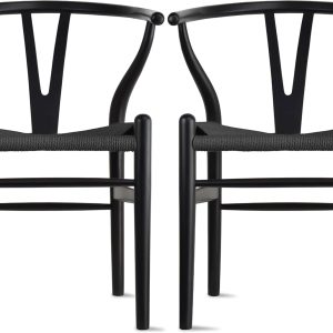 2xhome Set of 2 Wishbone Wood Armchairs with Woven Black Seat