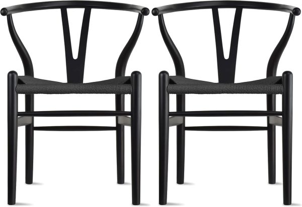 2xhome Set of 2 Wishbone Wood Armchairs with Woven Black Seat