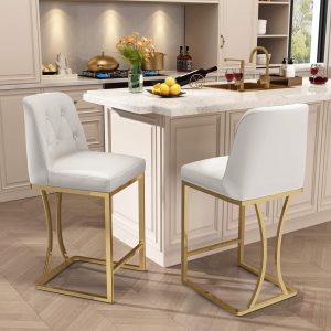 24" White Bar Stools, Set of 2, with Gold Metal Frame and PU Leather Upholstery
