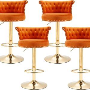 Set of 4 Modern Orange Swivel Bar Stools with Gold Base and Upholstered Velvet Backs for Kitchen Island