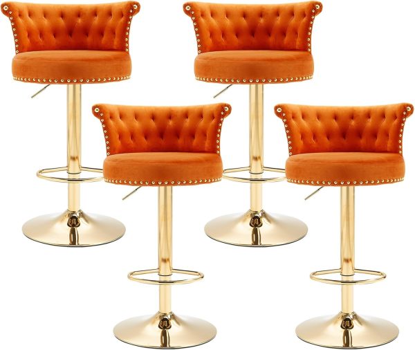 Set of 4 Modern Orange Swivel Bar Stools with Gold Base and Upholstered Velvet Backs for Kitchen Island
