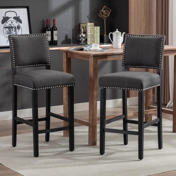KCC 29" Bar Stools, Set of 2, Upholstered, Gray, Nail Head Trim