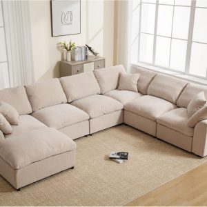 129.3" U-Shaped Modular Sectional Sofa with Movable Ottoman, 7-Seat, Beige