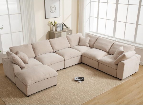 129.3" U-Shaped Modular Sectional Sofa with Movable Ottoman, 7-Seat, Beige