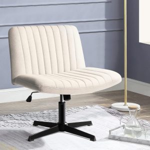 PUKAMI Criss Cross Chair, Comfy Legged Desk Chair, No Wheels, Swivel, Adjustable, Mid Back, Wide Seat, Beige