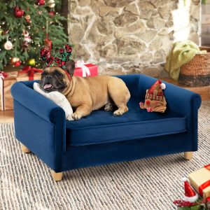 dCee Medium Dog Sofa, 70 lbs Capacity, 33 in. Velvety Pet Couch for Comfort and Joint Support, Navy
