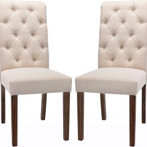 COLAMY Tufted Dining Chairs, Set of 2, Beige Upholstered Parsons with Wood Legs