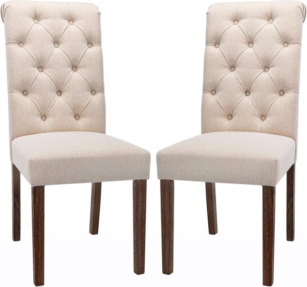 COLAMY Tufted Dining Chairs, Set of 2, Beige Upholstered Parsons with Wood Legs
