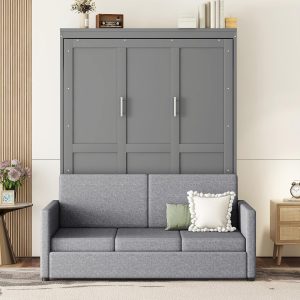 Queen Murphy Bed Couch Combo with Foldable Sofa, Grey