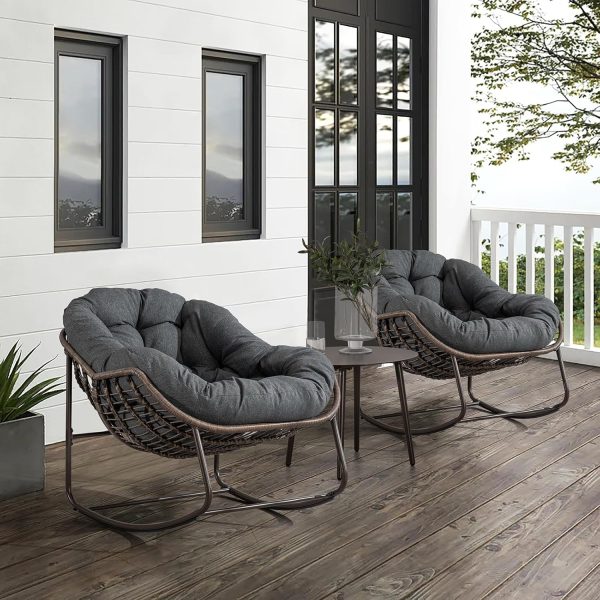 Set of 2 Outdoor Wicker Rocking Chairs with Cushions, Steel Frame, Grey