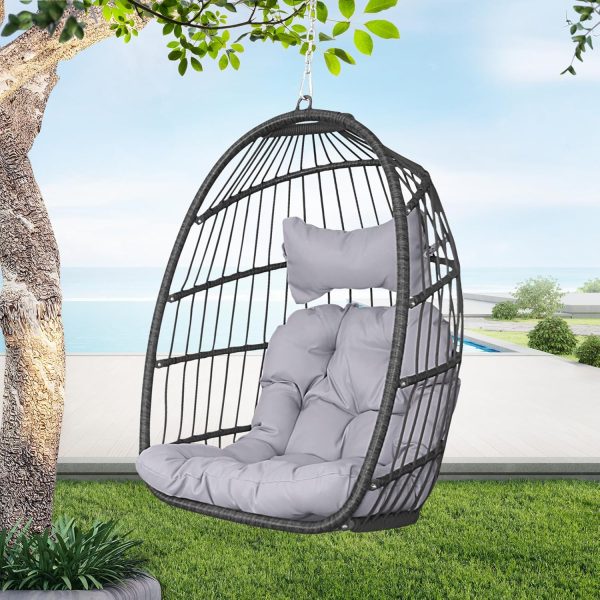 BULEXYARD 350lbs Grey Wicker Hanging Egg Chair with Cushion, Foldable for Indoor/Outdoor Use