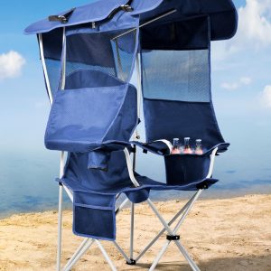 Canopy Beach Chair with Cooler, Shade, Cup Holder, and Side Pocket for Outdoor Activities, Supports 330 lbs
