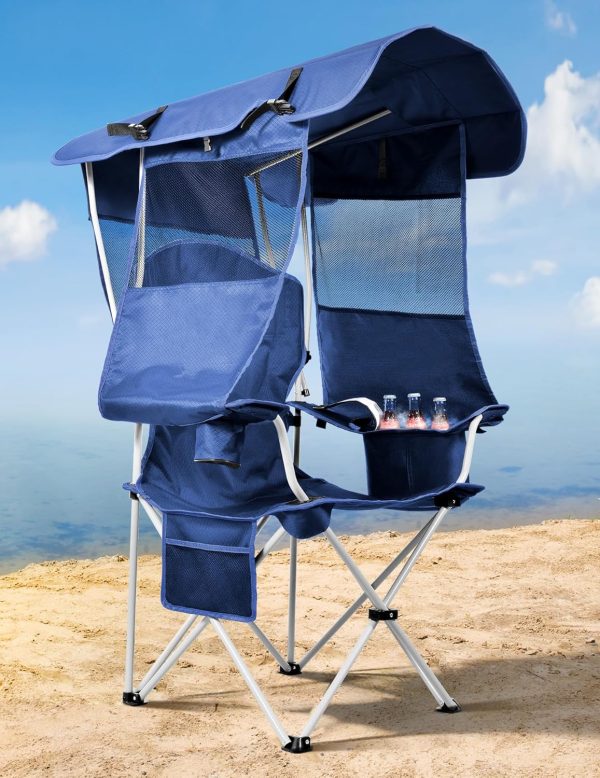 Canopy Beach Chair with Cooler, Shade, Cup Holder, and Side Pocket for Outdoor Activities, Supports 330 lbs