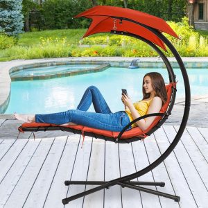 Curved Chaise Lounge Swing Chair with Stand, Cushion, Pillow, Canopy, 330-lb Capacity - Orange