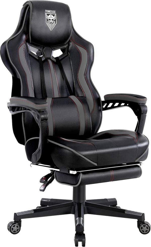 Vonesse Gaming Chair with Footrest and Lumbar Pillow for Adults, Heavy People, and Big & Tall Gamers (Gray/Black)