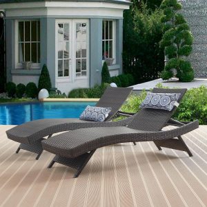 79" Reclining Wicker Chaise Lounge Set of 2 with Cushions, Brown