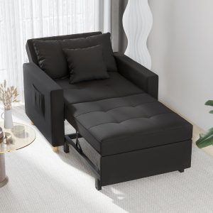 Esright 3-in-1 Sleeper Chair Bed with Adjustable Backrest, Pillows, Side Pocket, and Memory Foam, Black