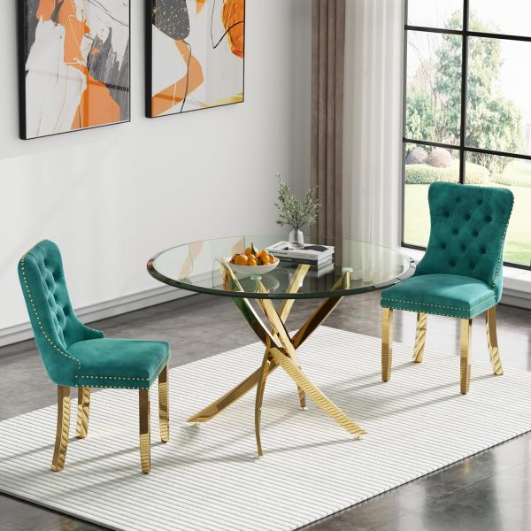 HomVent 36" Round Glass Dining Table Set for 2 with Gold Frame and Green Chairs