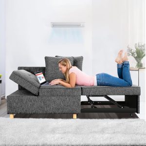 SEJOV 4-in-1 Convertible Sofa Bed, 3-Seat Linen Loveseat with Recliner and Adjustable Backrest, Black
