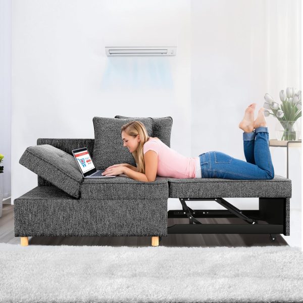 SEJOV 4-in-1 Convertible Sofa Bed, 3-Seat Linen Loveseat with Recliner and Adjustable Backrest, Black